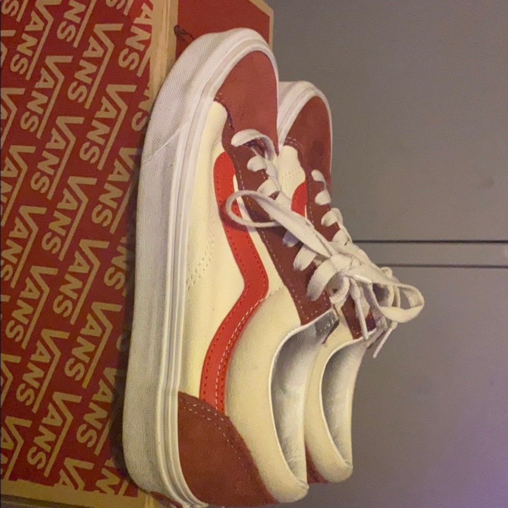 cream color with burgundy vans